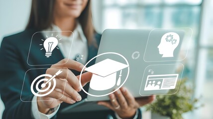 Businesswoman interacting with digital icons representing education goals and success