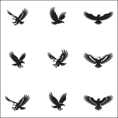Collection of Nine Black Eagle Silhouettes in Various Flying and Landing Positions