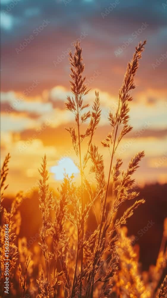 Poster a scenic view of tall grass with the sun setting in the background