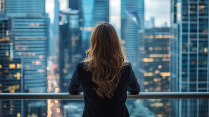 Woman looking over a balcony, skyscrapers in background, concept of vision and leadership generative ai