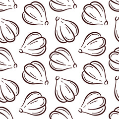 Seamless pattern of garlic bulb in line art style on white background. Ideal for culinary, herb, spice, food and organic kitchen design and decoration.