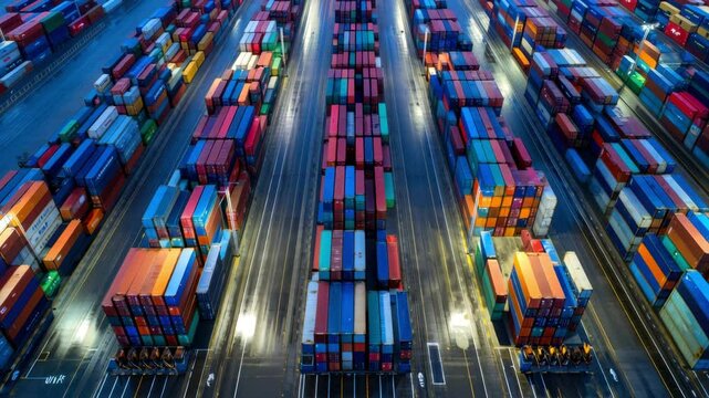 Aerial night view of shipping container yard with illuminated rows, global logistics hub, freight transportation management, international trade port, cargo distribution, supply chain infrastructure