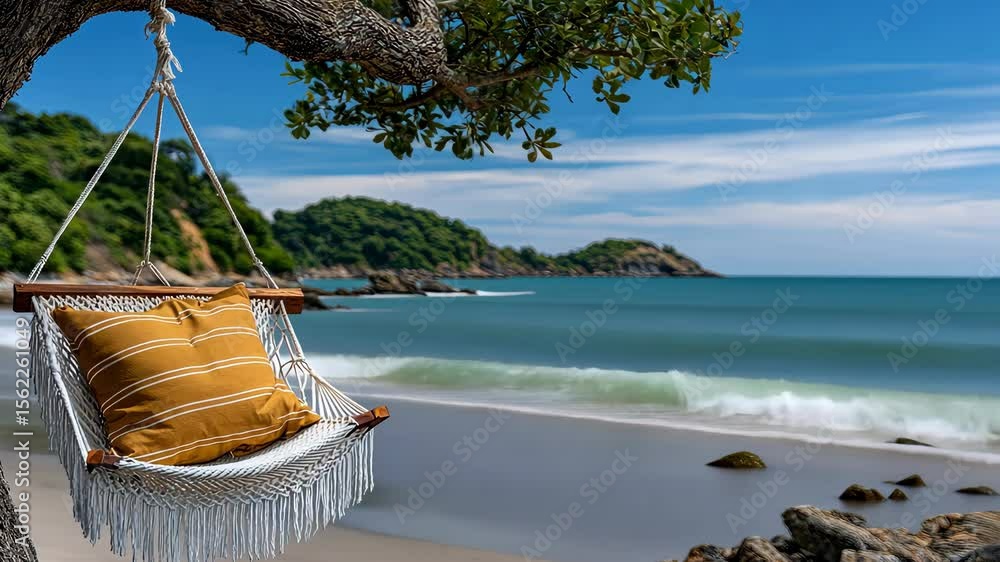 Aufkleber relaxing hammock swing on a beach with calm waves and lush hills in the background under a bright bl