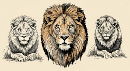 Three Majestic Lions Portrait African Wildlife Art