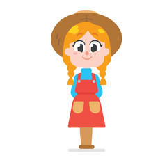 Cartoon Girl with Braids and Hat Smiling on White