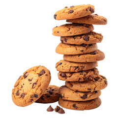Stack of golden brown chocolate chip cookies with scattered chips and cookies isolated on a transparent background