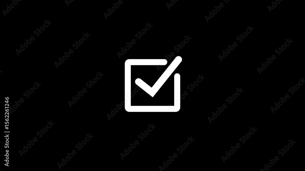 Poster white tick mark, check mark icon with square loading bar animated on a black background.