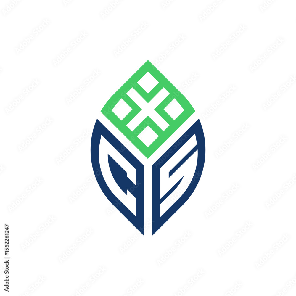 Poster a 3d cube-like abstract logo, featuring blue shapes on the sides and a green crosshatch pattern on t