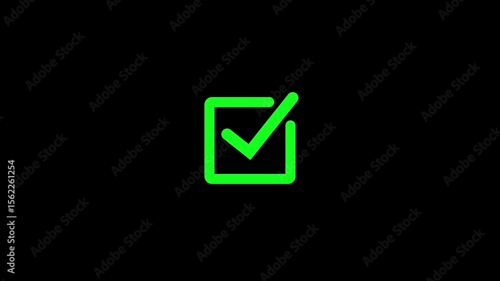 Poster tick mark, green check mark icon with square loading bar animated on a black background.