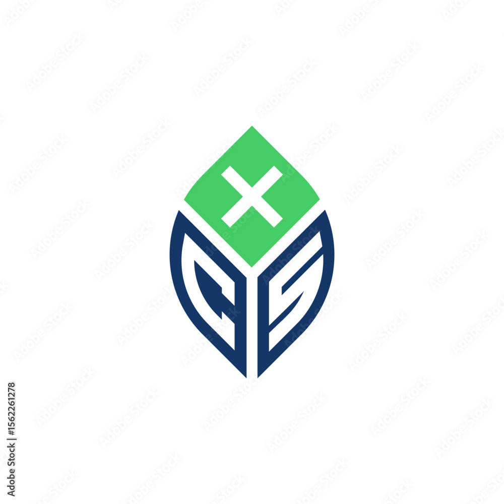 Poster a unique 3d cube-like logo, formed by abstract shapes in blue and green, with a white 'x' on top, po