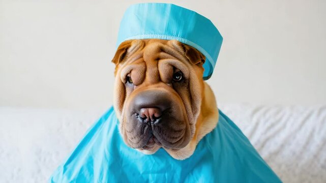 Shar Pei dog wearing blue surgeon costume and cap, funny veterinary concept, pet dressed as doctor, animal healthcare humor, adorable puppy portrait, medical theme, cute dog in uniform