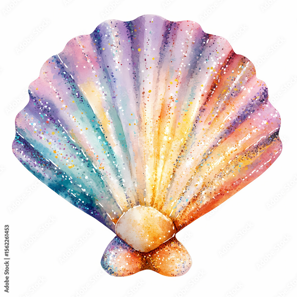 Poster colorful watercolor shell with shimmering textures and patterns generative ai