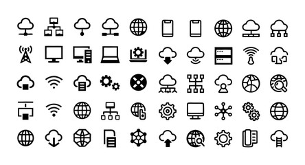 Information Technology Outline Icon Set – Editable Stroke Vector Icons of IT Network, Data, Internet, Website, Cloud Computing, Servers, Devices, and More – Line Style Tech and Digital Infrastructure 