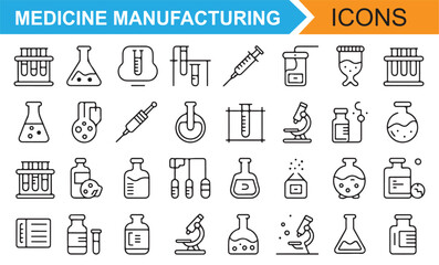 Set of medical and pharmaceutical manufacturing icons including syringes, test tubes, microscopes, and chemical flasks, vector illustrations for drug production