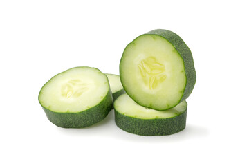 Freshly sliced cucumber on a plain white background showcasing its vibrant green skin and juicy...