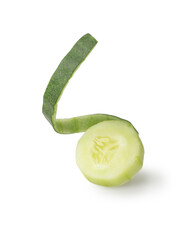 single slice of cucumber accompanied by a curl of its green peeling. The image highlights freshness...