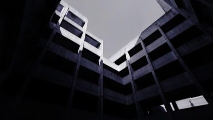 Brutalist concrete building courtyard looking up, urban architecture, geometric structure, modern design, minimal perspective, architectural lines, city construction, abstract view, structural pattern - Powered by Adobe