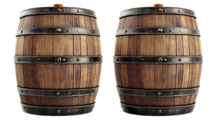 Obraz premium Single vintage wooden barrel with metal rings isolated on white background 