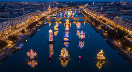 Fototapeta premium Illuminated Watercraft Festival Display Intricate Multicolored Light Sculptures on Water.