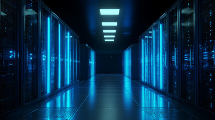 Fototapeta premium Secure Server Room with Blue LED Network Equipment