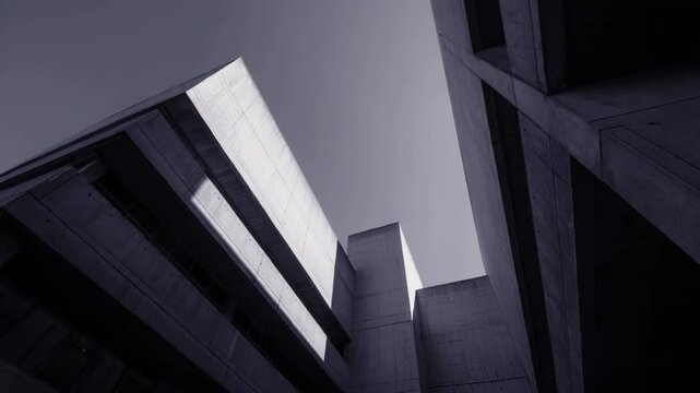 Brutalist architecture, concrete structures, urban geometry, modern building design, abstract perspective, minimalism style, city construction, architectural forms, structural lines, urban landscape