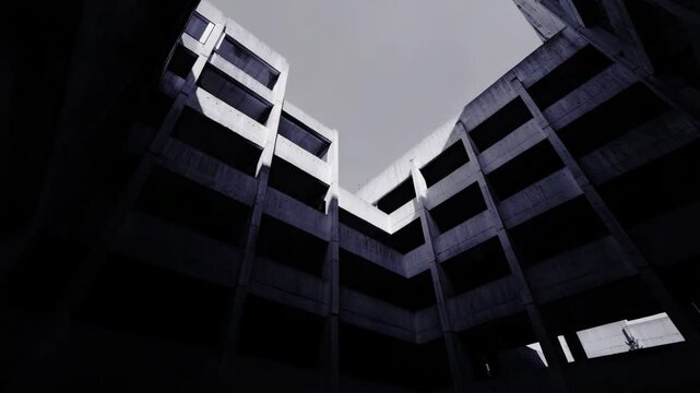 Brutalist concrete building courtyard looking up, urban architecture, geometric structure, modern design, minimal perspective, architectural lines, city construction, abstract view, structural pattern - Powered by Adobe