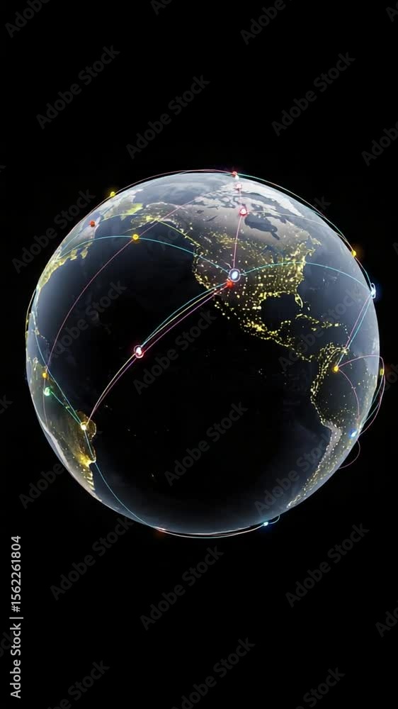 Poster global network map of world with flight routes at night