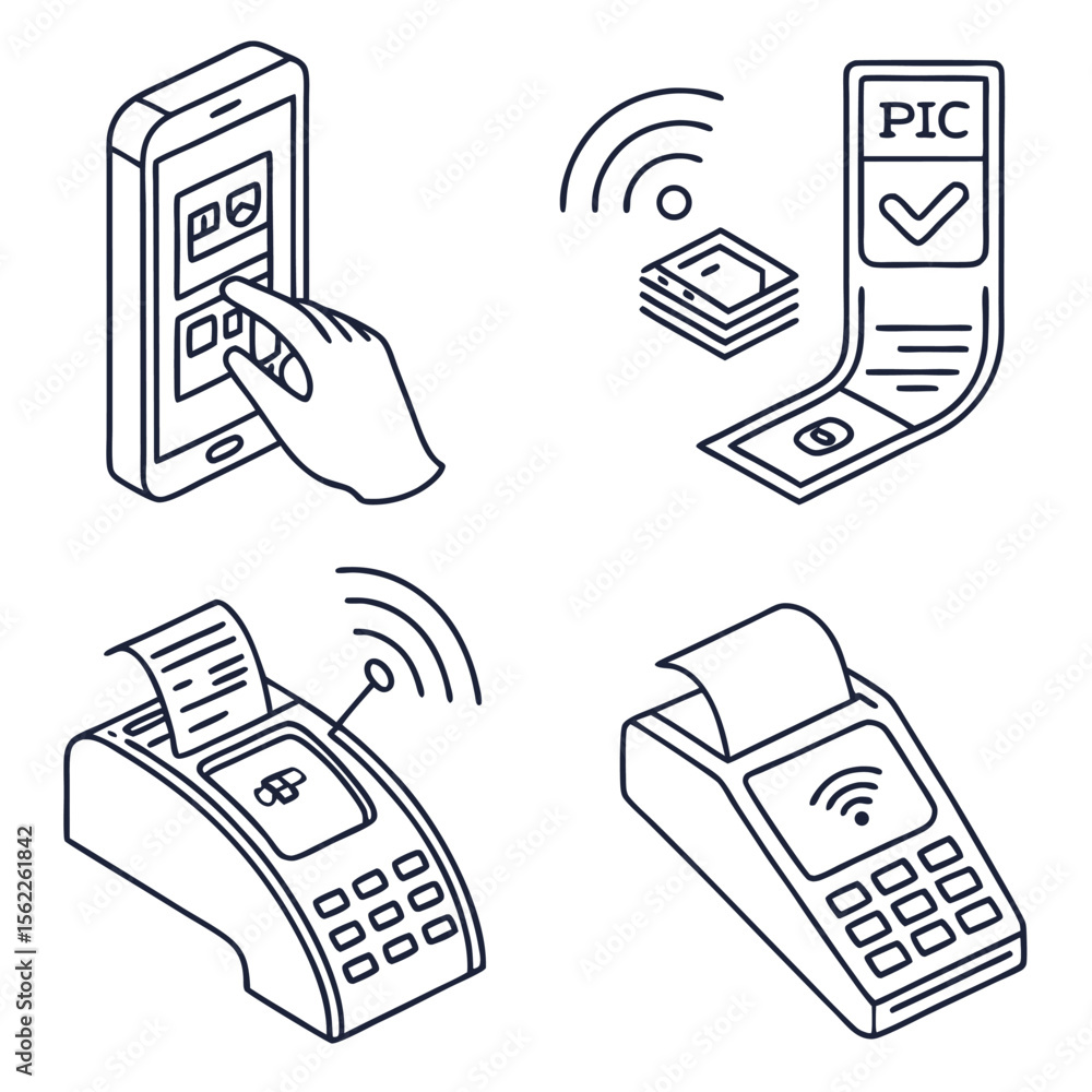 Poster set of isometric line art icons illustrating various contactless payment methods including mobile pa