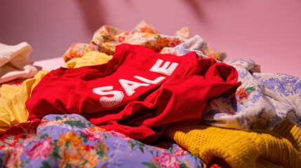 The vibrant sale clothing collection displayed on a colorful background.