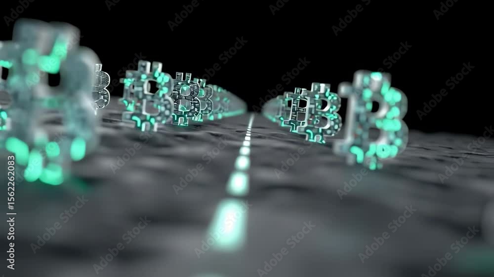 Poster exploring the world of cryptocurrency with innovative 3d bitcoin visuals in a digital landscape