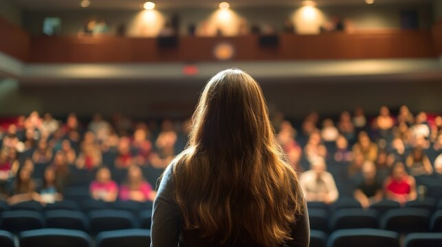 Woman speaking in a high school auditorium, inspiring young students, generative ai