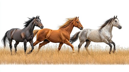 Horses in fields on a white background, ideal for farm life, animals, and countryside visuals.