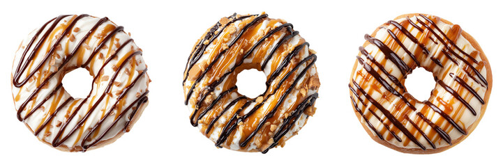 Set of Delicious vanilla cream donut with caramel and chocolate drizzle top view isolated on a transparent background