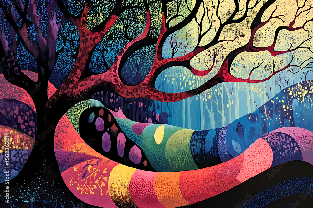 Poster vibrant tree landscape with colorful winding patterns in nature generative ai