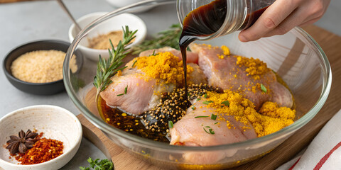 Chicken is being marinated with spices, herbs, and a dark liquid in a glass bowl