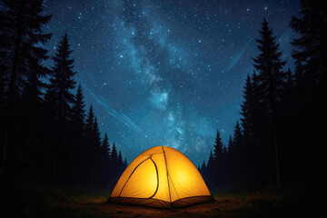 Glowing tent under starry sky in dark forest camping night