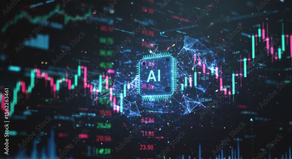 Poster ai-driven stock market analysis: a futuristic digital rendering showcasing an ai chip at the heart o