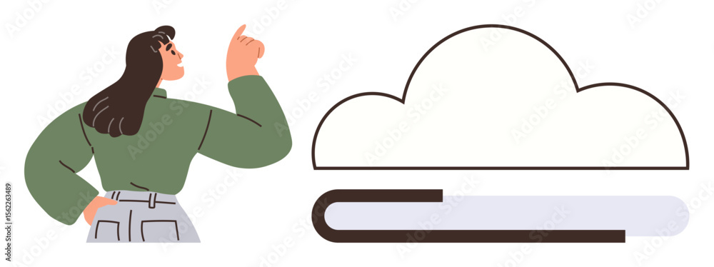 Poster woman gesturing to a cloud with a progress bar suggesting tech, data transfer, and innovation. ideal