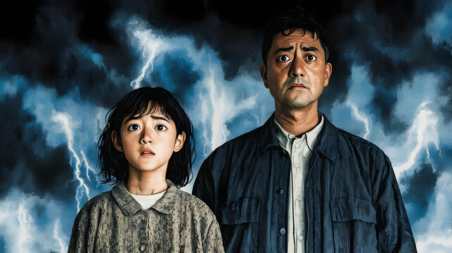 A worried father and daughter stand against a backdrop of a stormy sky filled with lightning