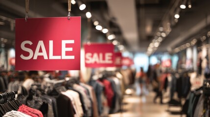 The vibrant sale signs in a modern clothing store promote exciting discounts.