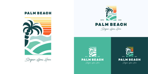 Palm tree emblem with ocean waves, logo icon design vector illustration, Symbol warm sunset in beach with retro aesthetic tropical vibe for tourism, vacation, travel and brand identity business