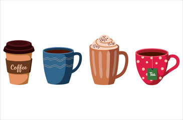 Coffee and tea set vector collection. Morning drink mugs illustration for cafe and break time themes.