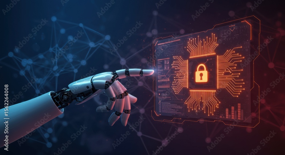 Poster digital security: a futuristic robotic hand interacts with a holographic interface, highlighting the