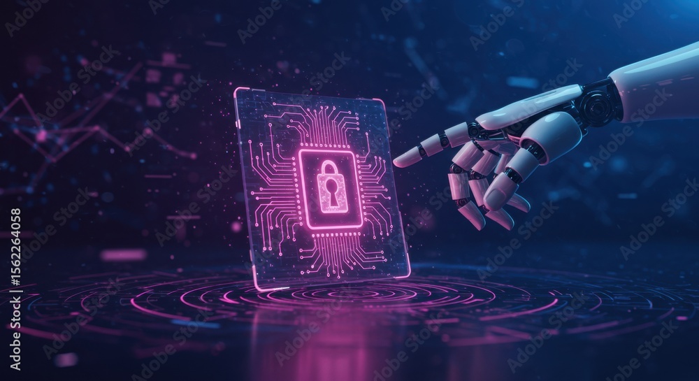Poster digital security: a robotic arm, symbolizing artificial intelligence and technological advancement, 