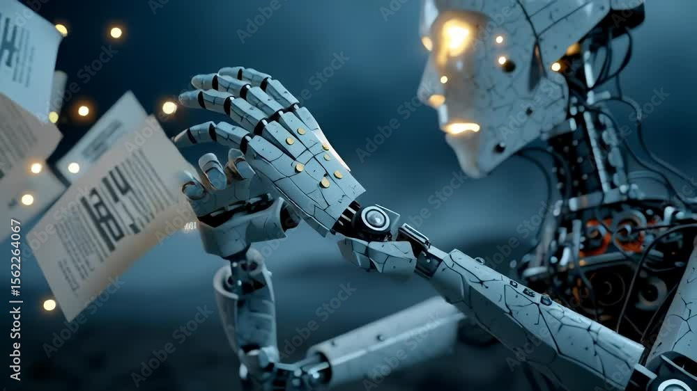 Poster robotic figure interacts with floating papers in a moody landscape during twilight hours