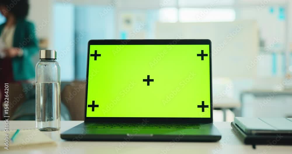 Poster laptop, green screen and mockup in office for marketing website on desk with tracking markers. compu