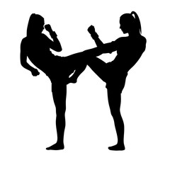 Two female fighters engaging in a kickboxing practice without background  