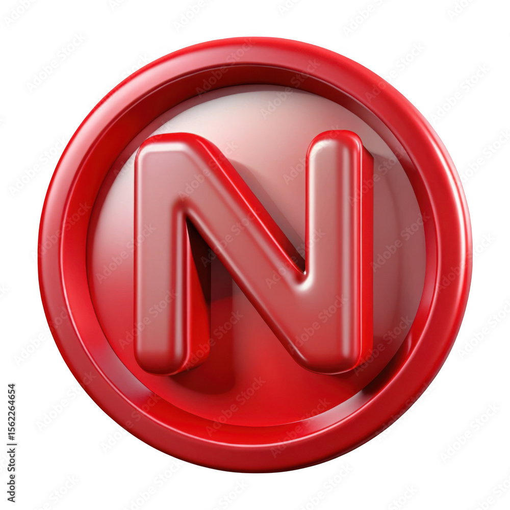 Poster red 3d letter n in circle isolated on transparent background