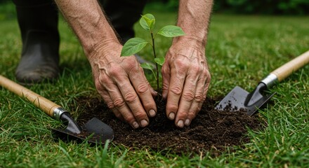 Person planting young sapling in garden