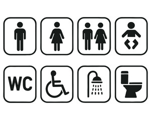  Collection of universal restroom and facility icons including male female unisex accessible baby changing shower and toilet symbols